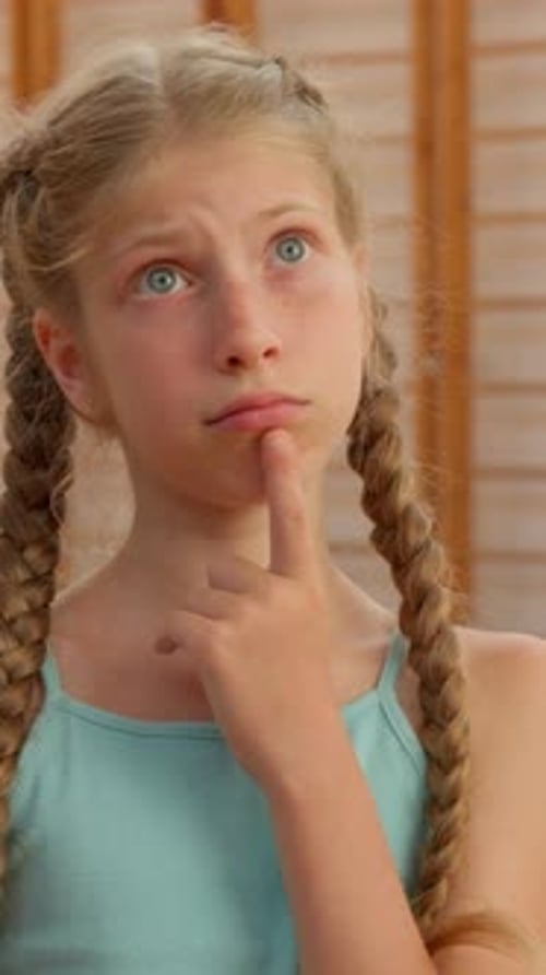 Portrait Thinking Caucasian Little Daughter Girl Kid Think Unsure Shrug Shoulders Shrugging Doubtful