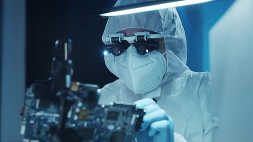 Microelectronics Engineer Works in a Modern Scientific Laboratory on Computing Systems and