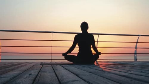 Paisible femme yogi assise en lotus méditant en se sentant libre face à la mer