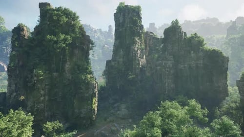 A Serene Forest Landscape with a Cluster of Rocks at Its Center