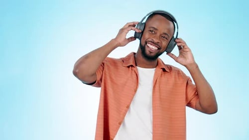 Dance, black man and music headphones in studio for celebration of freedom