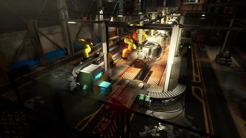 Vue nocturne d'un système de convoyage de construction de machines dans une usine moderne