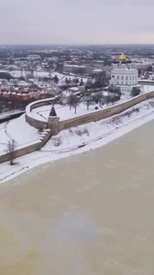 Pskov City and Kremlin in Winter Russia Aerial View Vertical Video