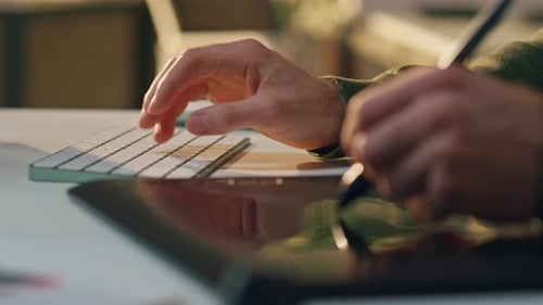Man Hand Drawing Stylus Digital Tablet Cabinet Closeup Artist Typing Keyboard