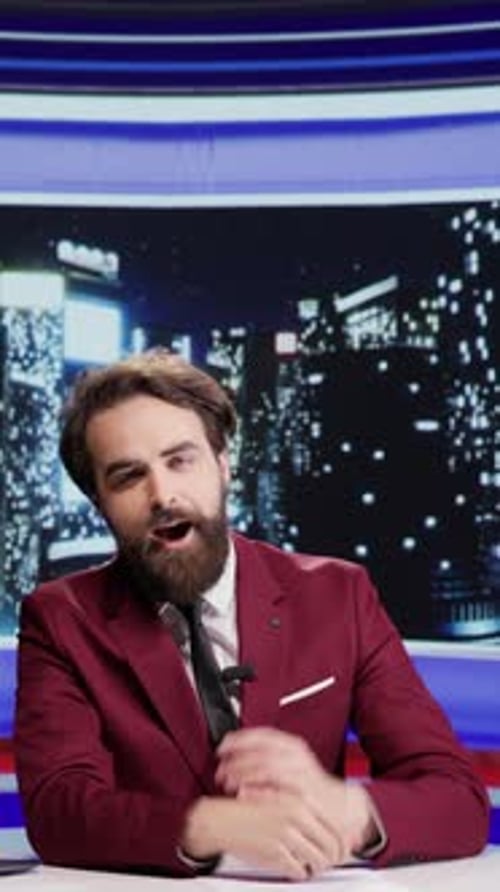 Man Presenting News in Brightly Lit Studio