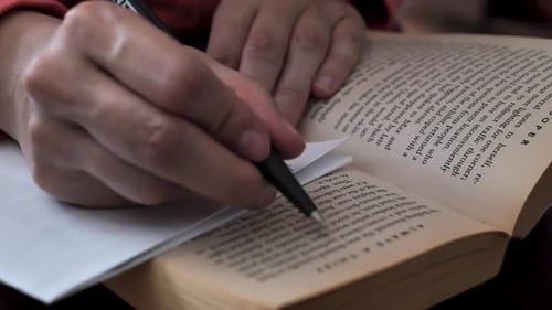 Nahaufnahme. Junge Frau liest ein Buch und macht sich Notizen mit einem Stift. Englische Sprache lernen. Die zwei