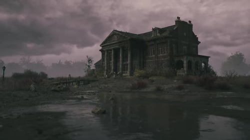 Dilapidated Old Mansion Under Dark Stormy Sky Footage