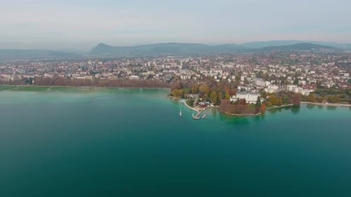 Drone shot over the Lake Annecy in France.