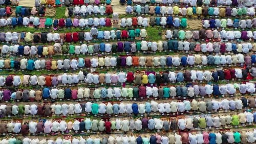 Aerial view of people praying, Bangladesh.