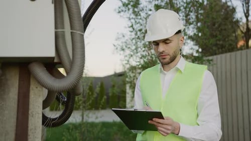Handsome Engineer Works Outside and Inspects the Shield Noting in Notebook