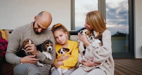 Happy Family Smiling and Holding Beagle Puppies