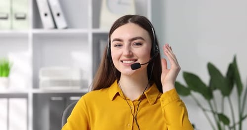 Smiling hotline operator in headset in office