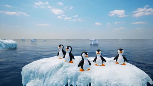 Cartoon Penguins Floating on an Iceberg in the Ocean