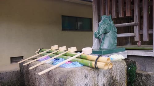 Fujinomori Temple in Japan, Temizu Fountain with Ajisai Flowers in Early Summer