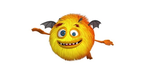 Cute Animated Furry Monster Character with Bat Wings Flying
