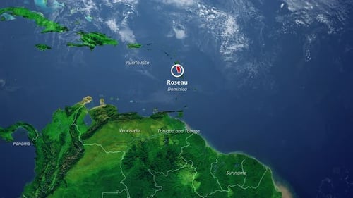 Animated Earth Globe Zooming to Dominica Roseau Location Pin
