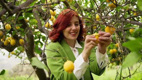 Cheerful Woman Peeling Fresh Lemon at Orchard