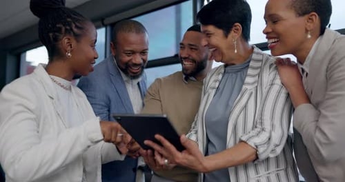 Meme, tablet or office friends on social media laughing at funny joke, online news