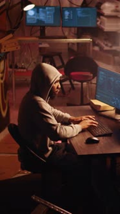 Hooded Man Coding at Computer in Dark Room