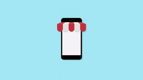 Online shop and e-commerce concept. Smartphone with awning. Hand tapping on screen. shopping basket.