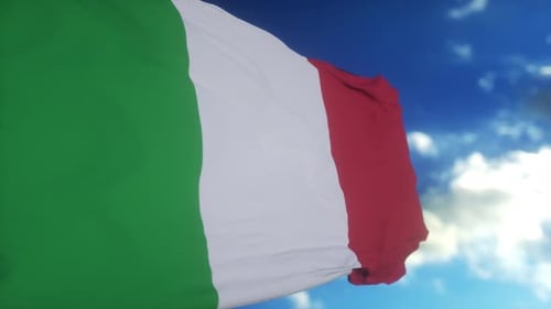 Realistic Waving Italian Flag Animation in Clear Blue Sky