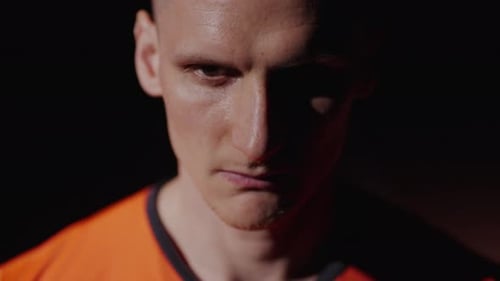 Epic Portrait Of Strong Motivated Sportsman Looking At Camera Closeup Portrait Of Caucasian Man
