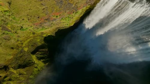Aerial view of long exposed Skogafoss waterfall, Iceland.