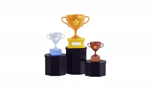 Winners podium with trophy cups animation. 3d render. Gold, silver, bronze winners