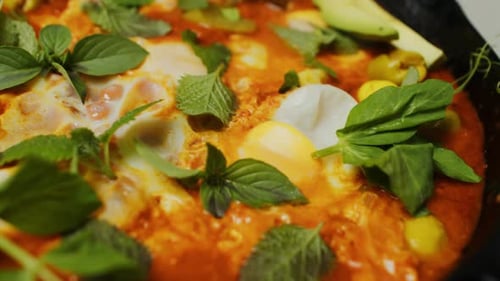 Beautifully plated and decorated champion breakfast dish. Close up fly over shot. Slow motion.