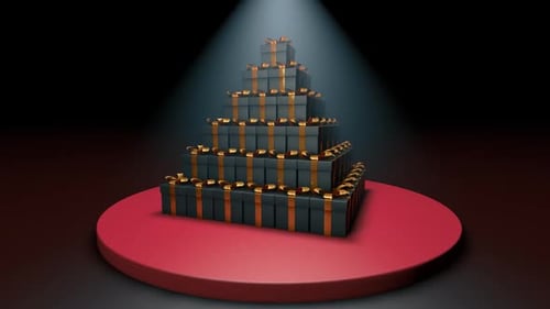 Elegant 3D Rotating Gift Boxes Pyramid on Red Stage