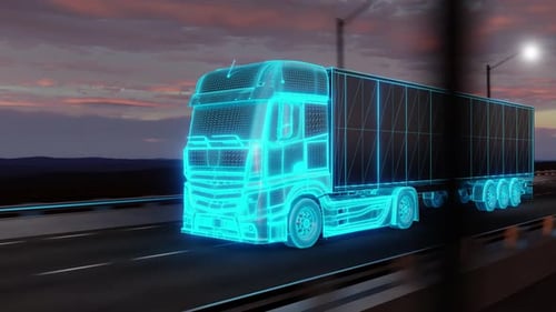 Futuristic truck riding on road with railings. Loop animation