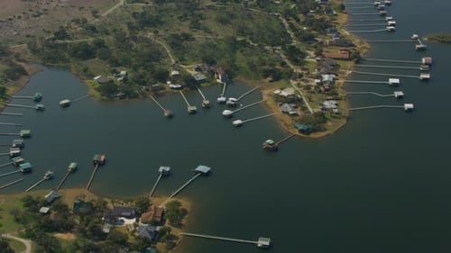 Aerial View of Lake with Homes and Docks Aerial