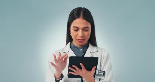 Tablet, doctor and thinking with a science woman in studio on