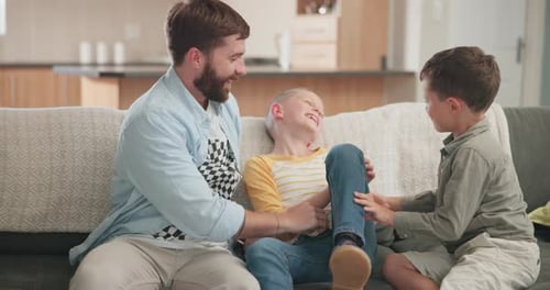 Father Tickling Sons and Playing on Sofa