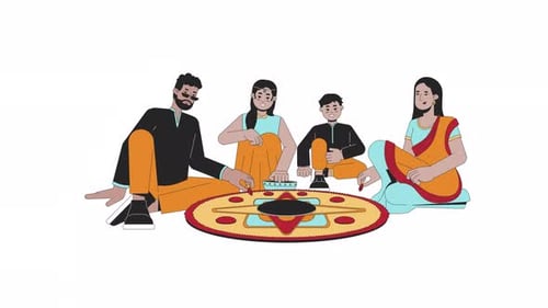 Famille indienne faisant un dessin animé Diwali Rangoli