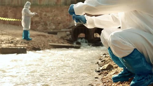 Ecologists sample water contaminated with dangerous, waterhazard toxins into tubes
