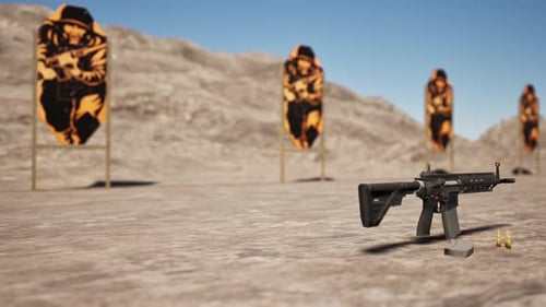Desert Shooting Range With Targets Filled With Bullets And A Rifle On The Side