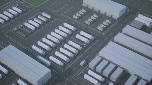 Overhead View of a Large Logistics and Distribution Center with Trucks