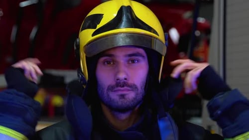 Firefighter Putting on Protective Helmet and Preparing for Action While Standing in Fire Station