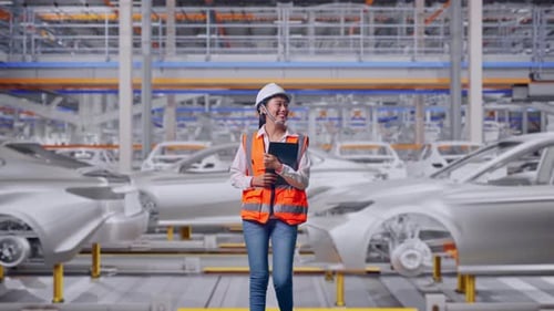 Vue de face d'une ingénieure asiatique tenant une tablette en marchant dans une usine automobile