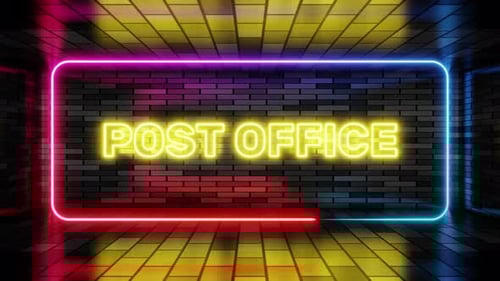 Neon sign post office in speech bubble frame on brick wall background 3d render. Light banner