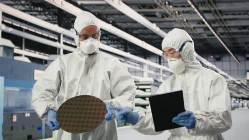 Technicians Analyzing Delicate Electronic Component in Semiconductor Factory