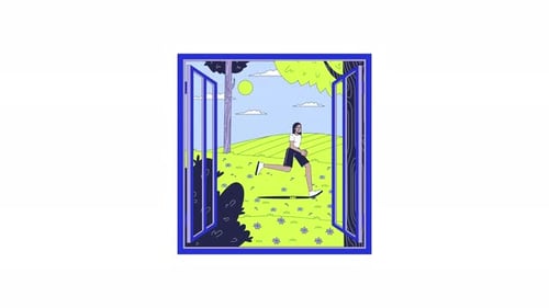 Girl running outside view open window cartoon animation