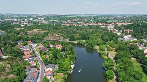 Aerial view of Saale river in Halle Saale , Germany
