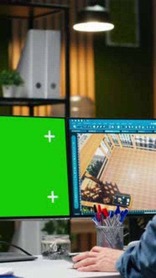 Vertical Video Green Screen and CAD Software Used By IT Engineer Architect