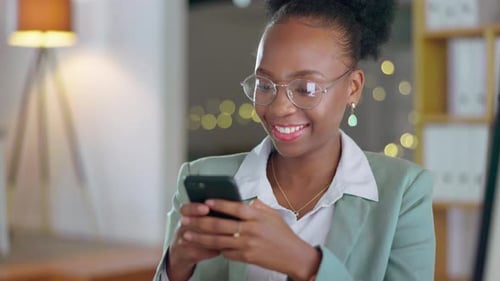 Black woman, business and phone laughing for funny joke, meme or chatting at night by the office