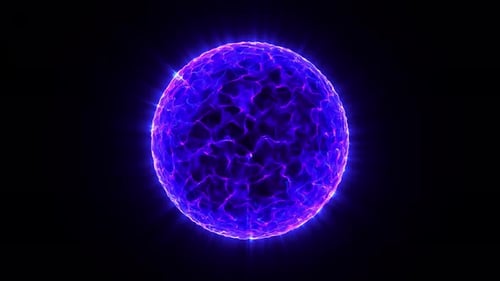 Violette Energiekugel. Violette leuchtende Kugel. Abstrakte blaue Energiekugel aus Partikeln und Wellen von m
