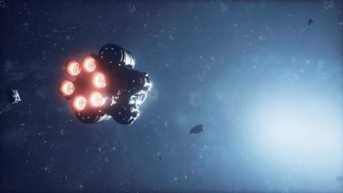 Futuristic Spaceship Journey Through Asteroid Field in Deep Space