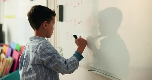 Child, student and numbers on whiteboard in class for lesson, maths answer and problem solving