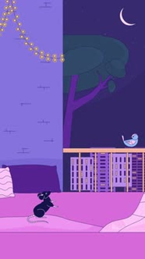 Quirky lofi night on urban balcony with curious mouse vertical animation background